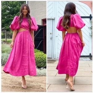 Aje Vanades Cut Out Puff Sleeve Midi Dress Pink